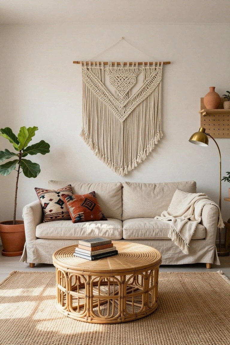 A bright living room featuring a large white macrame wall hanging with heart design above a beige linen sofa, rattan coffee table with books, potted fiddle leaf fig plant, terracotta pots, and gold arc lamp.