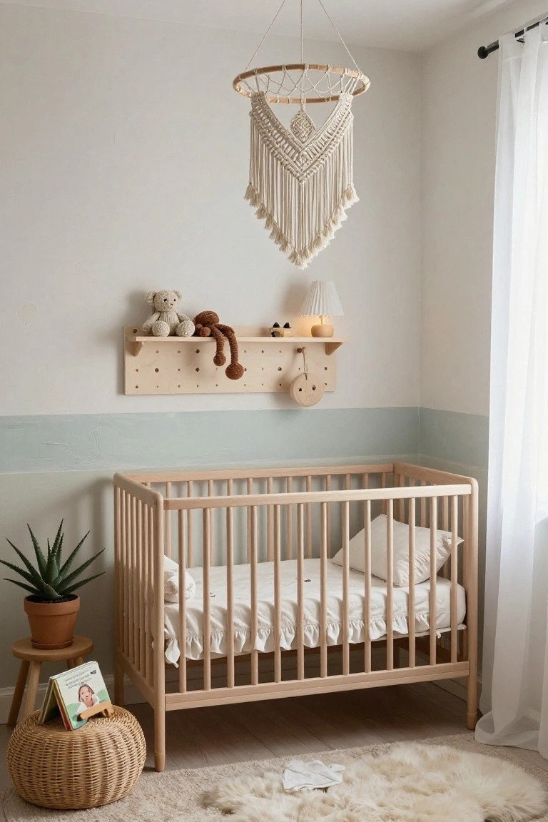 Light wooden nursery with crib, macrame hanging light fixture, pegboard wall shelf holding stuffed animals lamp and hanging toy, potted plant on stool, and fluffy rug on floor.