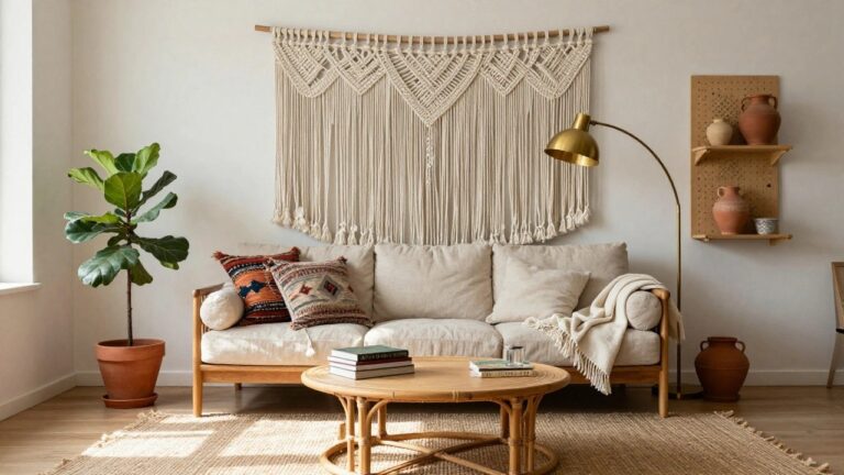 A bright living room featuring a large white macrame wall hanging with heart design above a beige linen sofa, rattan coffee table with books, potted fiddle leaf fig plant, terracotta pots, and gold arc lamp.