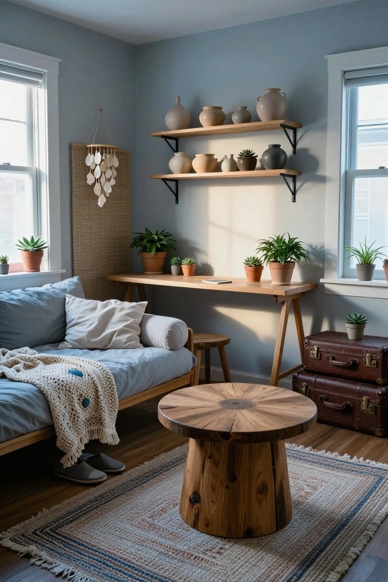 A small light blue room with wooden floating shelves displaying assorted ceramic pots and small plants, a wooden desk and stool with potted plants, a blue futon bed with pillows and throw, round wooden table, vintage suitcases, and patterned rug on hardwood floor.