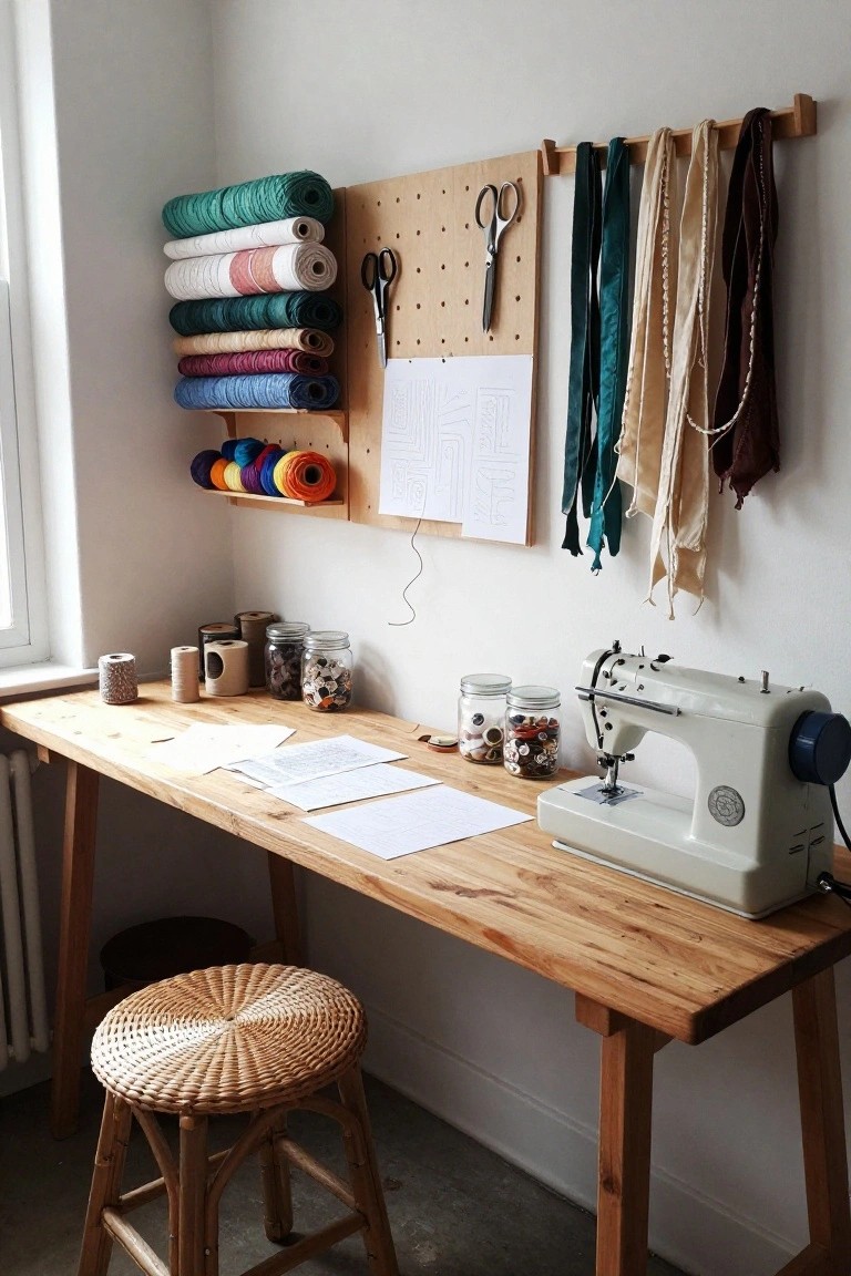 Wooden workbench holding a sewing machine, paper patterns, jars of buttons and spools, with a pegboard wall nearby displaying stacked fabric rolls, yarn balls, scissors, and hanging fabric strips in a light-filled room.