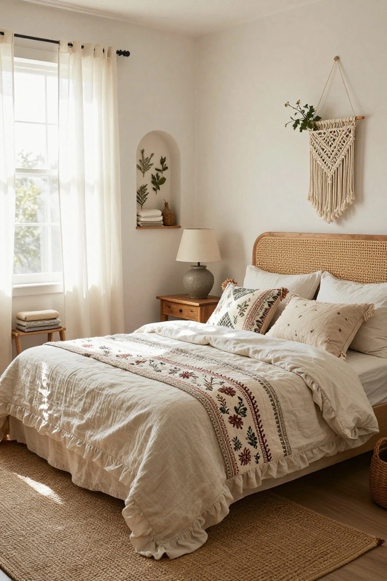 Cozy bedroom interior featuring a rattan headboard bed dressed in white linens and embroidered quilt, sheer curtains on window, macrame plant hanger on wall, lamp on wooden nightstand, and beige rug on floor.