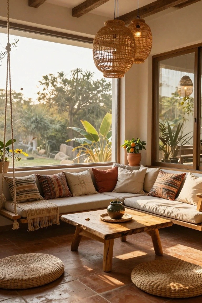 Indoor corner seating with a rope-suspended beige sofa covered in colorful patterned pillows, low wooden coffee table holding a ceramic vase, two rattan floor cushions, hanging basket lamps, potted plants, and large windows showing tropical trees and greenery.