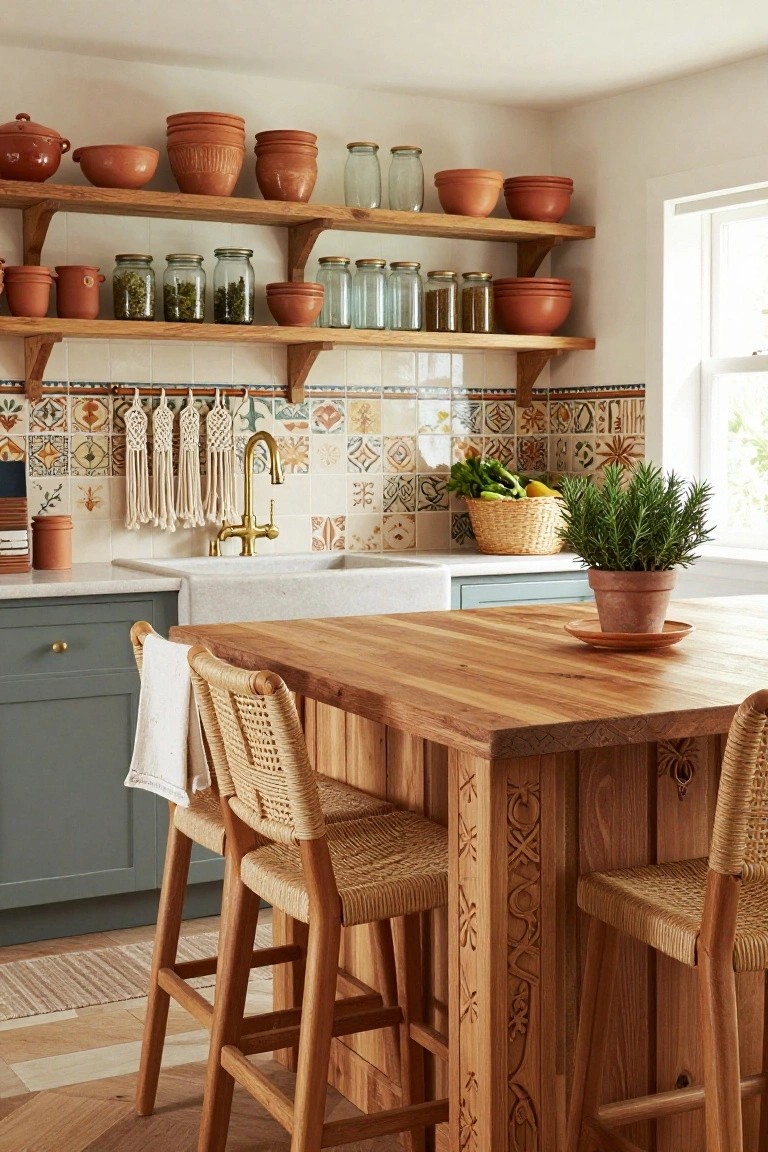 Kitchen with open wooden shelves displaying assorted terracotta pots, bowls, and jars, colorful tiled backsplash, farmhouse sink, and wooden island with rattan bar stools.
