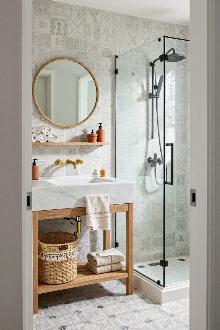 A bathroom with oak wood vanity and white marble sink, round mirror framed in rattan, woven basket storage underneath, floating wood shelf with towels and terra cotta pots, glass shower enclosure, and white patterned tile walls and floor.