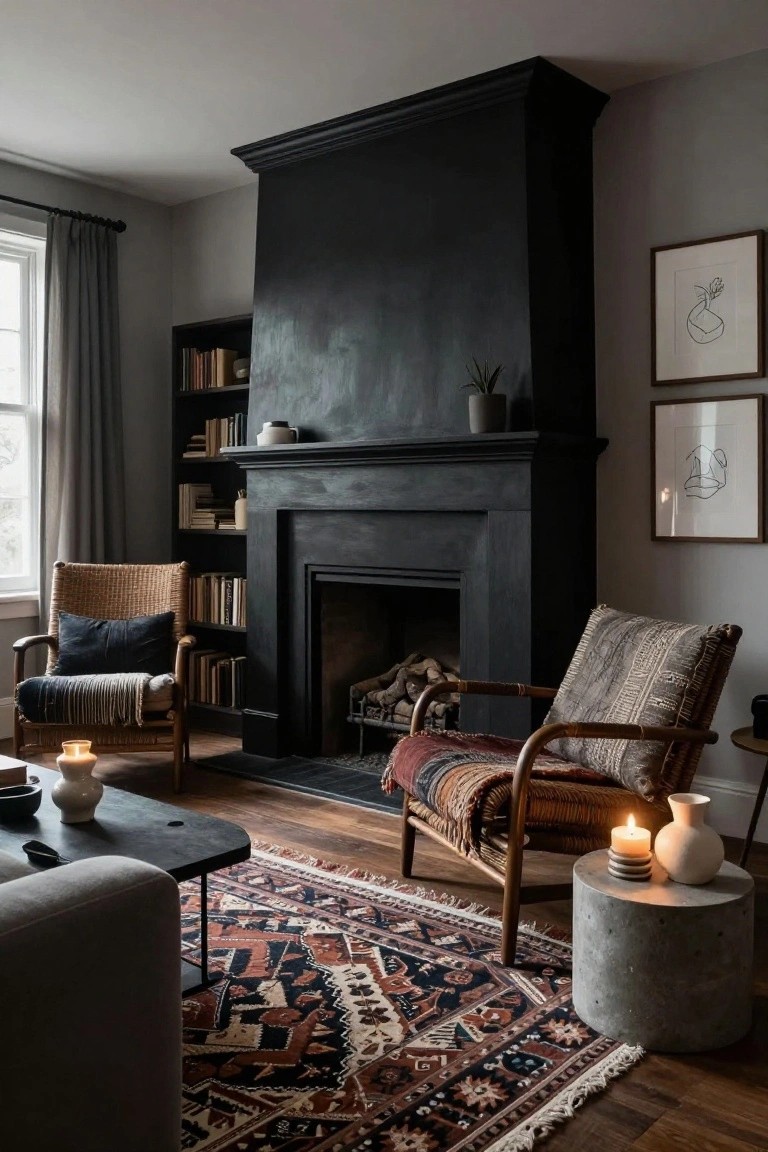 Living room interior with a tall matte black stone fireplace flanked by bookshelves, two rattan armchairs with cushions and throws, a low black coffee table, patterned rug, concrete side table with candles, and large window with gray curtains.