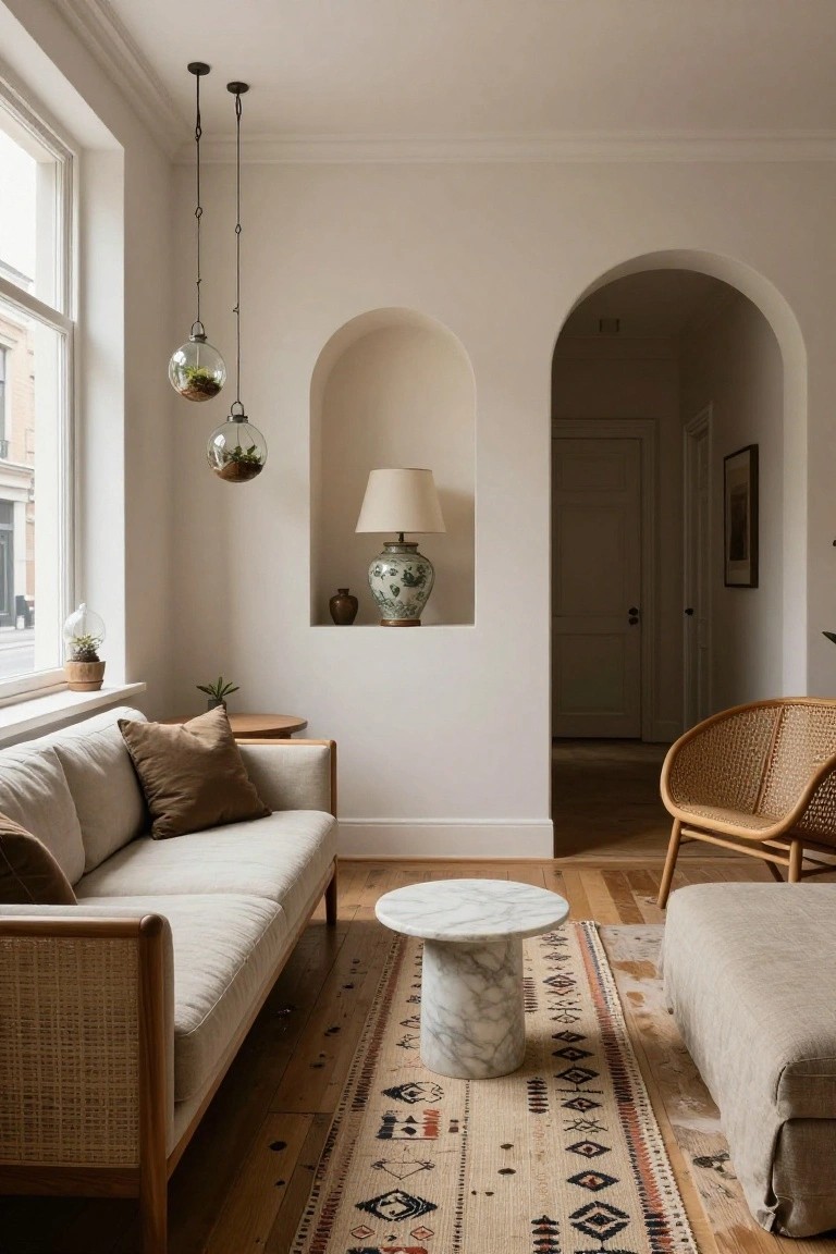 A neutral living room with a cream linen sofa, rattan chairs, marble pedestal table on a patterned rug, hanging terrarium globes, and two arched wall niches displaying a table lamp, ginger jar vase, and potted plant.