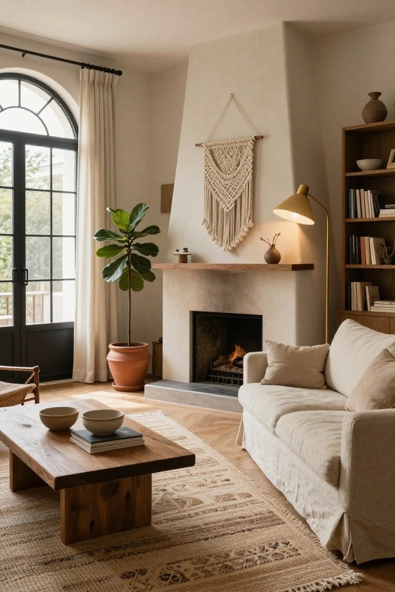 Living room with beige linen slipcovered sofa facing a lit plaster fireplace on wooden mantel, macrame wall hanging above mantel, tall potted fiddle leaf fig plant nearby, wood coffee table with bowls and books, woven rug, bookshelves, and arched window with cream curtains.