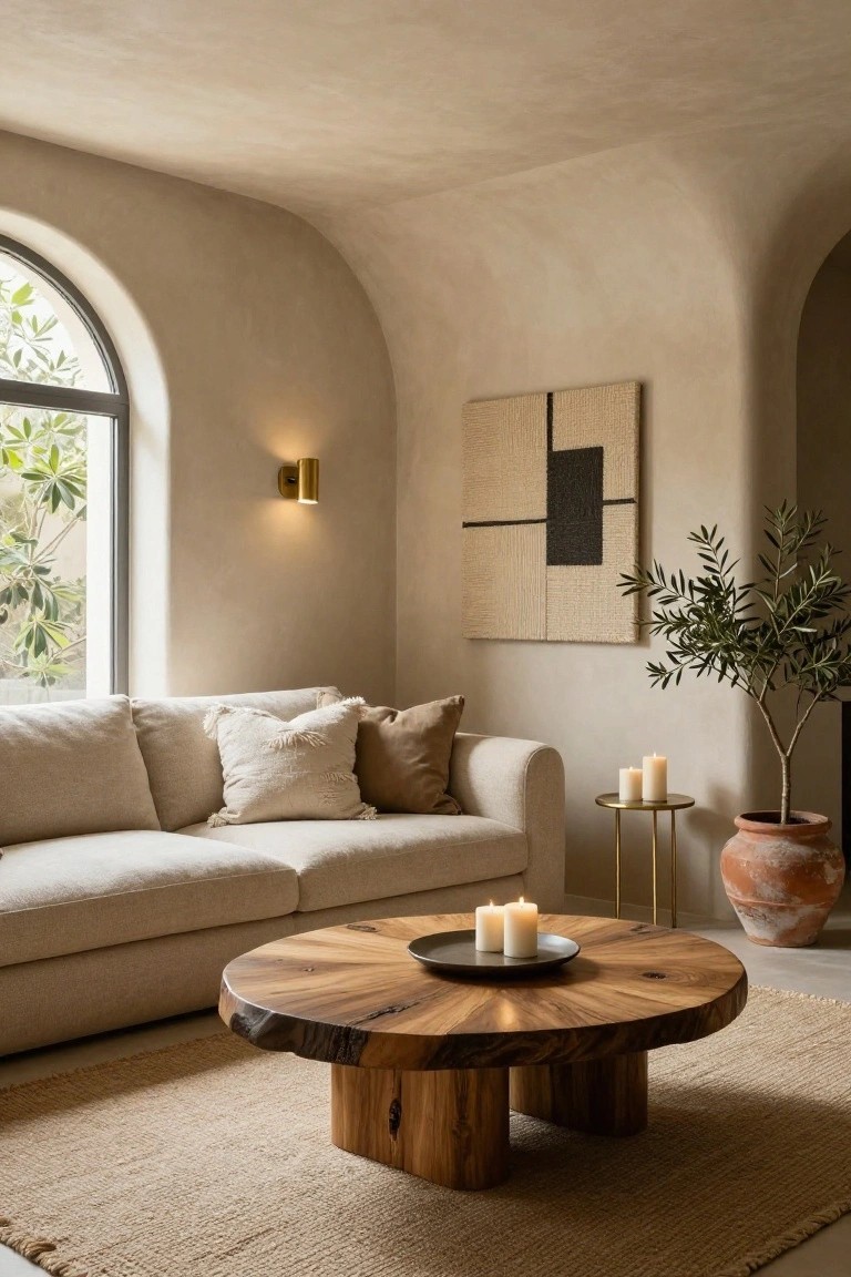 A living room with curved beige plaster walls, an arched window with greenery outside, cream sofa with pillows, round natural wood coffee table with candles, small side table with candles, olive tree in terracotta pot, and jute rug on the floor.
