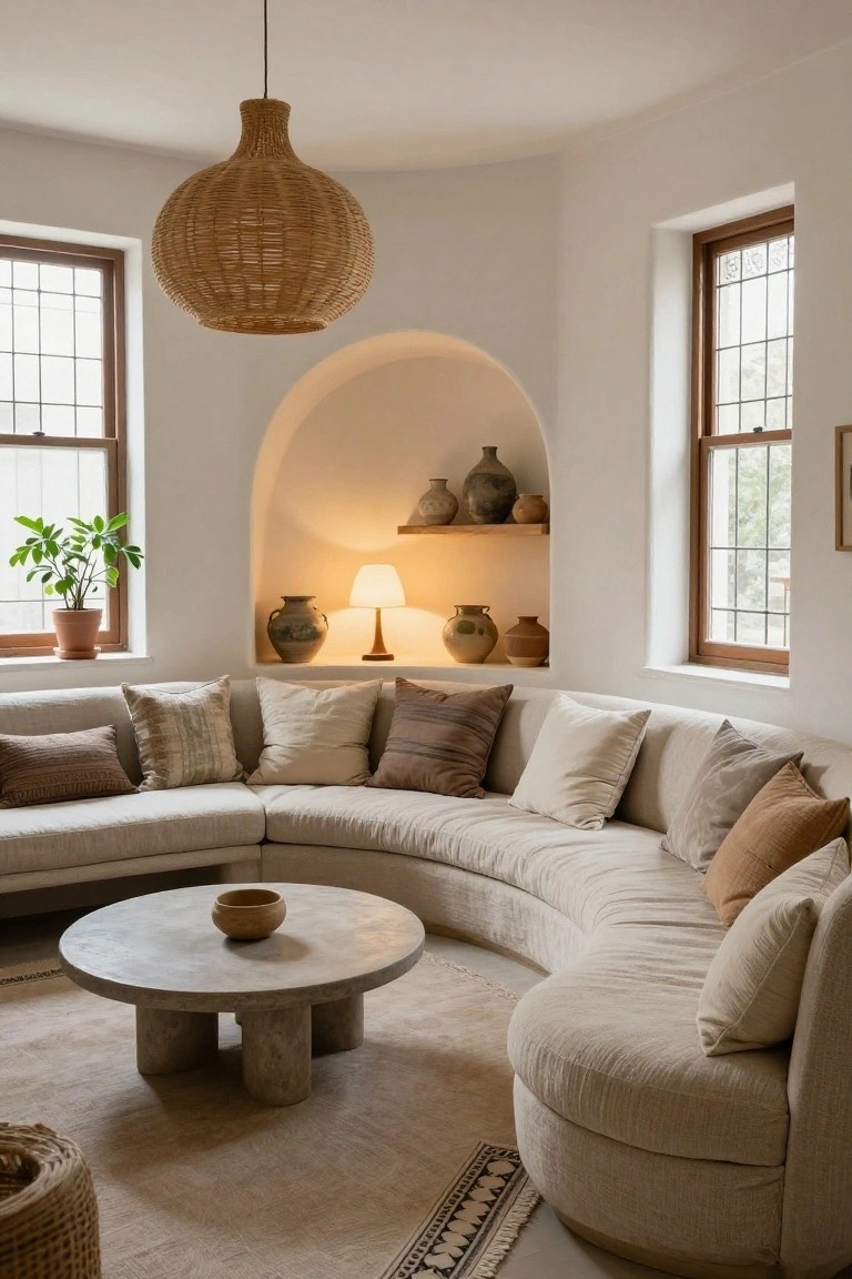 White-walled living room corner with curved beige sectional sofa, arched niche displaying pottery jars and lamp, round concrete coffee table with bowl, rattan pendant light overhead, potted plants, and woven basket on beige rug.