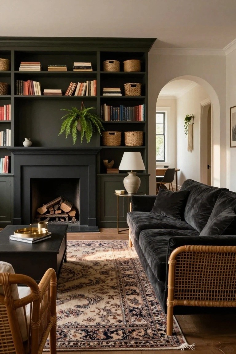 Living room with dark green built-in bookshelves flanking a black fireplace, filled with books and baskets, a black velvet sofa, rattan armchair, black coffee table, and patterned rug on wood floors.