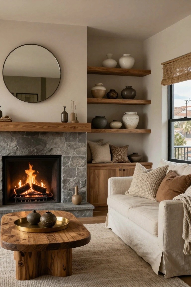 A living room corner with a lit stone fireplace, floating wood shelves holding assorted ceramic vases and pottery in neutral tones, a cream sofa with textured pillows, wooden coffee table, and bamboo window shade.