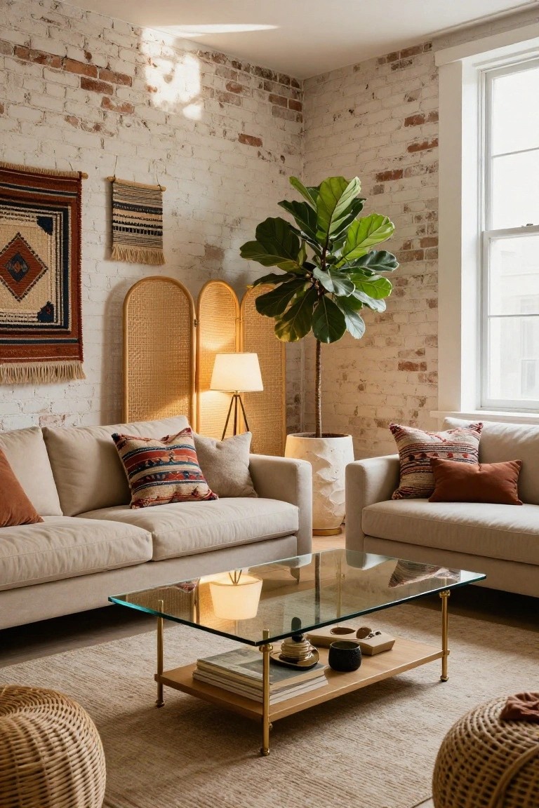 Living room with whitewashed exposed brick walls, two cream sofas with woven and solid pillows, rattan folding screens, a tall fiddle leaf fig plant in a white pot, brass-legged glass coffee table, rattan poufs, and beige rug.