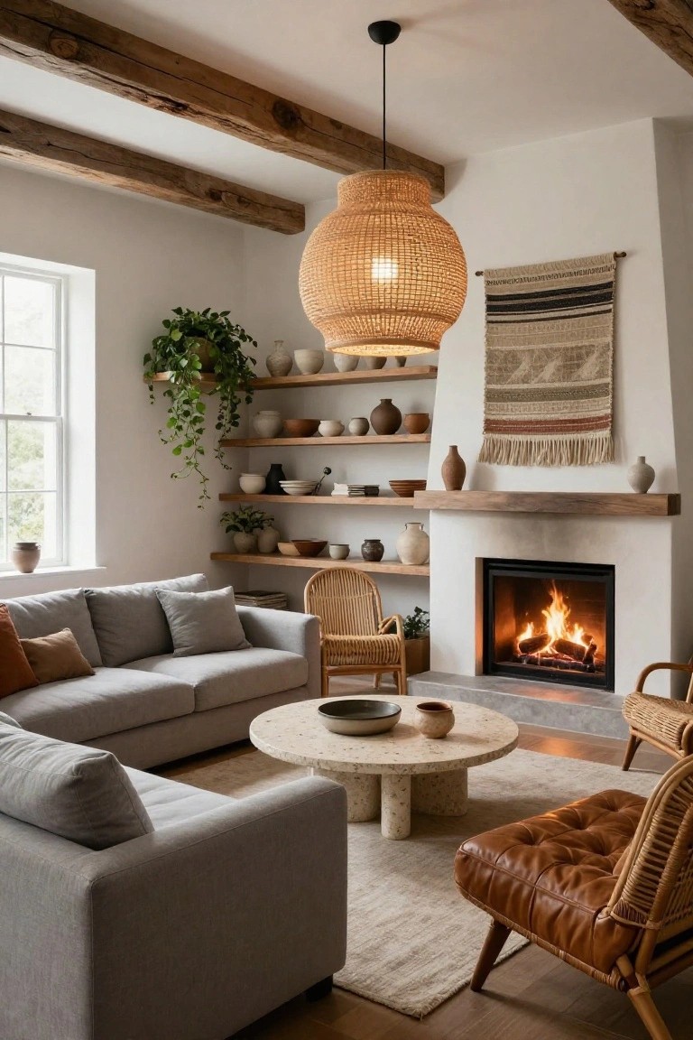 Living room with exposed wooden ceiling beams, white plaster walls and fireplace with wood mantel, open wood shelves holding plants and ceramic pots, gray L-shaped sofa, rattan chairs, woven wall hanging, rattan pendant light, and travertine coffee table on wood floor.