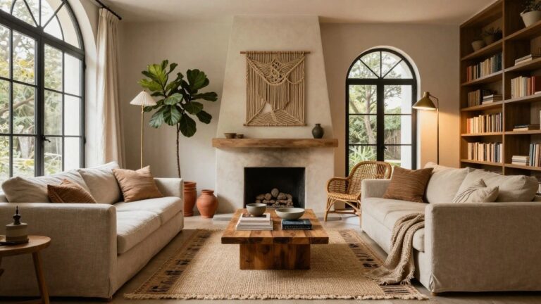 19 Effortless Modern Boho Living Room Ideas That Feel Warm and Elevated Living room with beige linen slipcovered sofa facing a lit plaster fireplace on wooden mantel, macrame wall hanging above mantel, tall potted fiddle leaf fig plant nearby, wood coffee table with bowls and books, woven rug, bookshelves, and arched window with cream curtains.