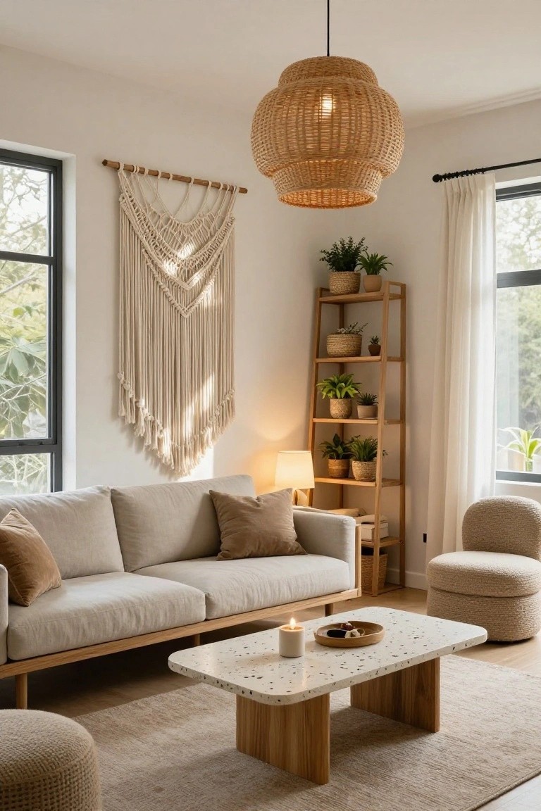 A cozy living room featuring a beige linen sofa, low wood-legged coffee table with terrazzo top, rattan pendant light, large macrame wall hanging, tall leaning oak ladder shelf with potted plants in woven baskets, and two upholstered chairs on a light rug.