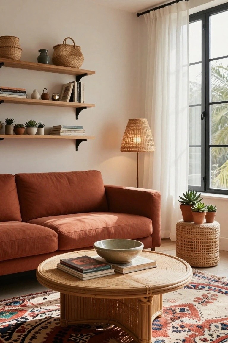 A cozy living room features a terracotta fabric sofa, round rattan coffee table with stacked books and a ceramic bowl, two woven rattan side tables with potted succulents, wooden floating shelves with plants and ceramics, a wicker floor lamp, sheer curtains on black-framed windows, and a colorful patterned rug.
