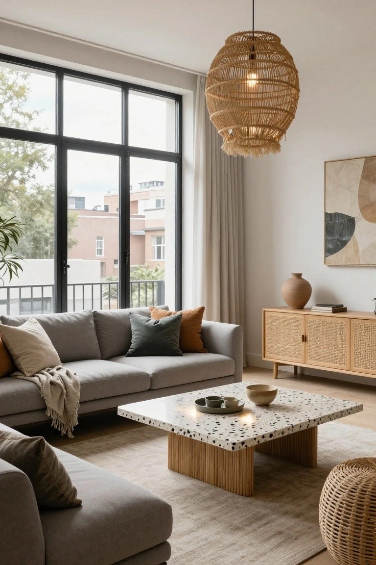 Modern living room with gray L-shaped sofa, beige throw blanket, rattan pendant lamp, cane-front sideboard with terracotta vase, terrazzo coffee table on wood legs, wicker stool, neutral rug, large black-framed windows, and curtains.