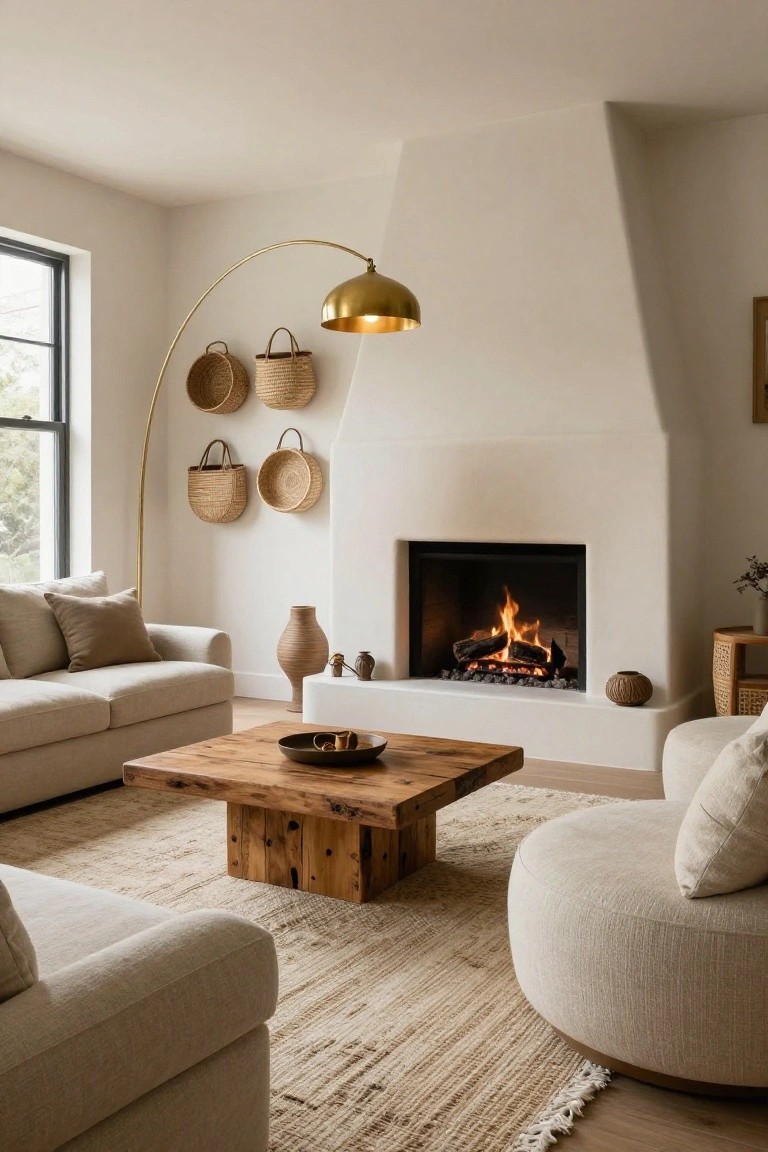A light living room with cream sofa, beige pouf, rustic wood coffee table, white stucco fireplace with fire lit, gold arc lamp, woven wall baskets, and ceramic vases.