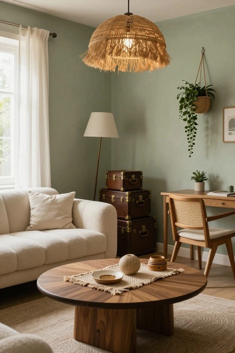 Living room featuring sage green walls, white bouclé sofa, round wooden coffee table with woven runner and ceramics, rattan desk chair, floor lamp, stacked vintage suitcases, hanging plant basket, and sheer window curtains.