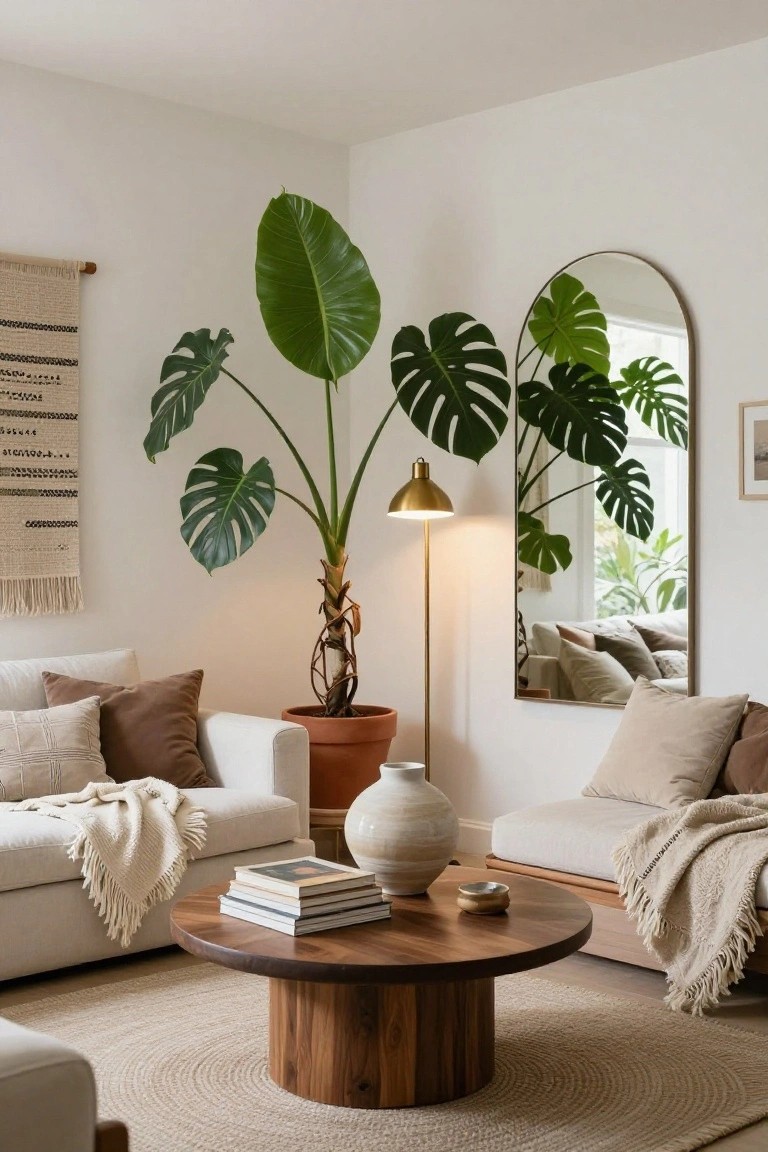 Modern living room with tall monstera plant in terracotta pot beside gold arched mirror, white sofa with beige throws, wooden coffee table with books, and beige round rug.