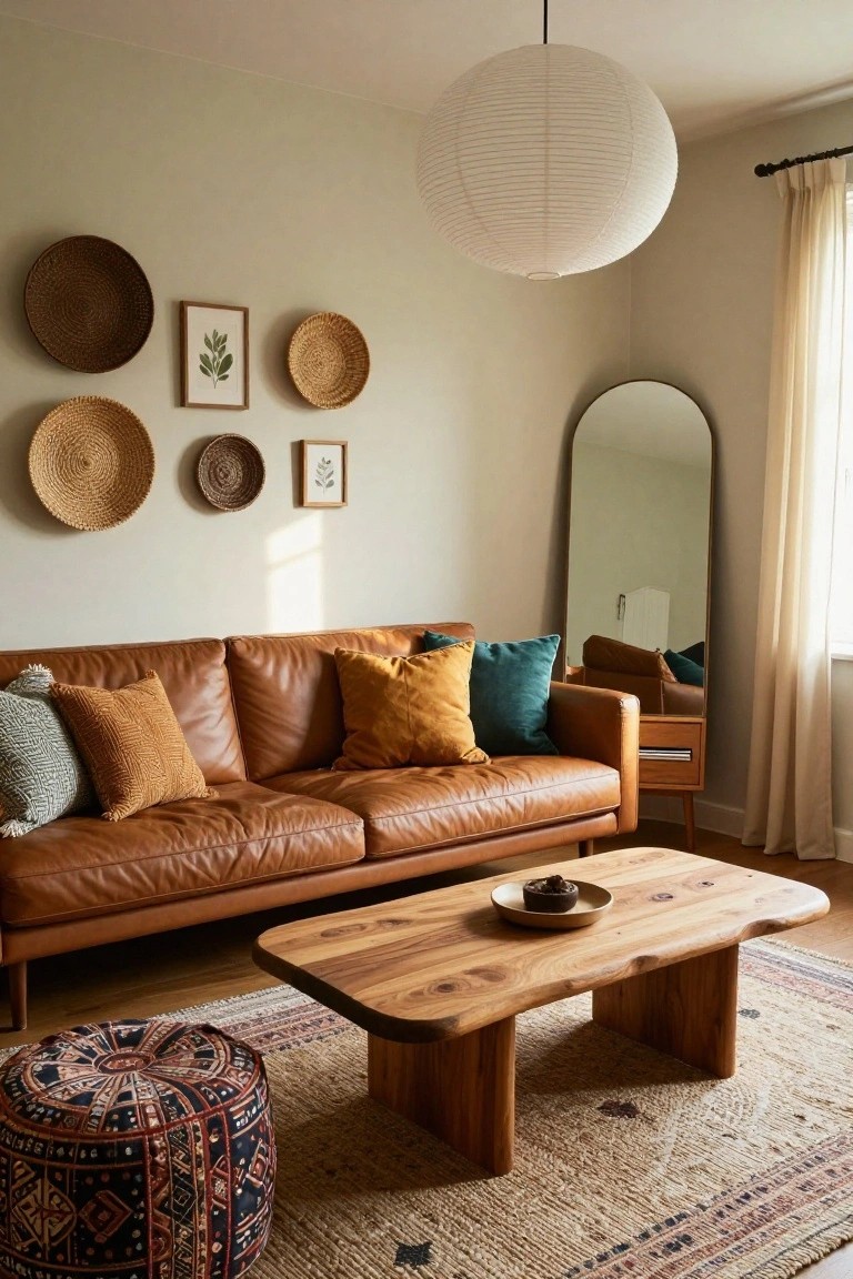 Living room with tan leather sofa topped with colorful textured pillows, live-edge wood coffee table holding a small plate with snack, woven pouf on patterned rug, multiple woven baskets and framed botanical prints on walls, tall arched mirror, and hanging paper lantern.