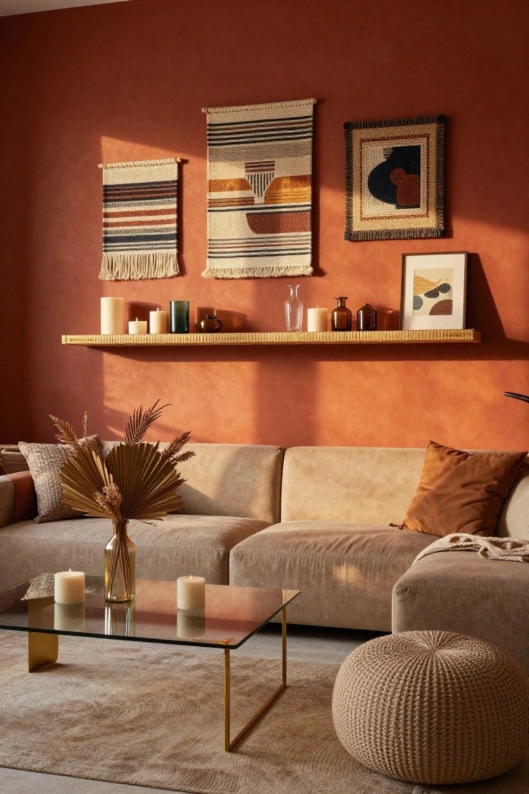 Living room with terracotta walls displaying woven macrame and striped wall hangings above a floating bamboo shelf holding candles, glass vases, and jars, alongside a beige modular sofa with pillows and pampas grass on a glass coffee table with gold legs and a knit pouf on a cream rug.