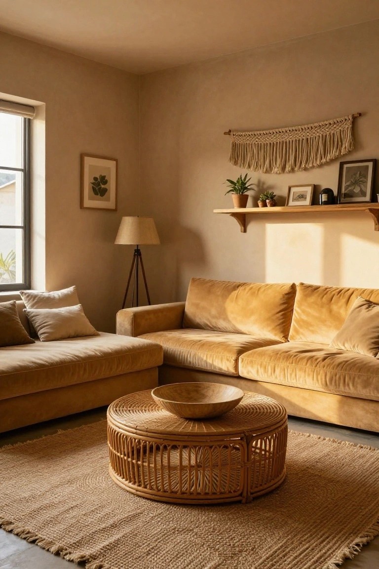 Beige living room corner with ochre velvet L-shaped sofa, round rattan coffee table topped with a wooden bowl, jute rug, tripod floor lamp, wall shelf with plants and picture frames, macrame hanging, and window with roller blind.