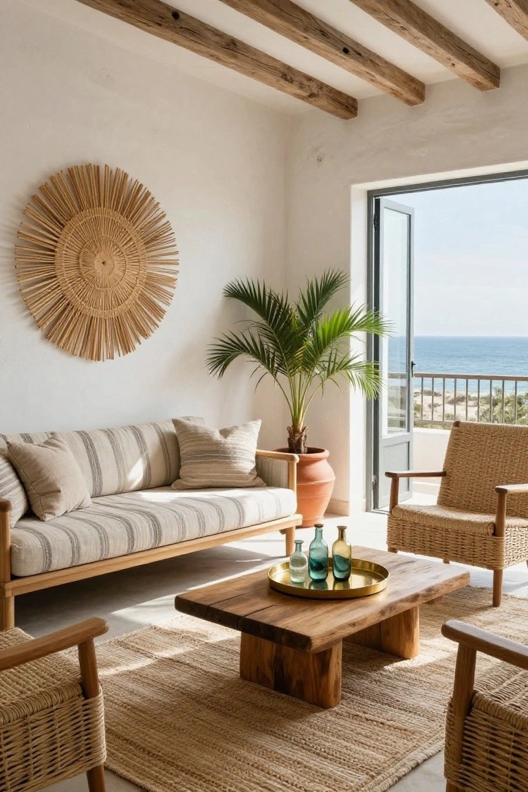 Living room interior with exposed wooden beam ceiling, large woven rattan sunburst wall hanging, beige linen striped sofa with pillows, rattan chairs, wooden coffee table holding glass bottles on gold tray, potted palm plant in terracotta pot, and open glass doors to balcony overlooking ocean.