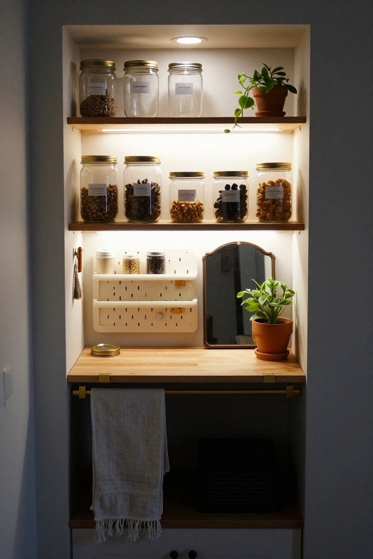 Recessed wooden pantry cabinet with LED-lit shelves holding glass jars of dry goods and nuts, potted plants, a small mirror, white organizer, wooden countertop, hanging towel, and drawers below.