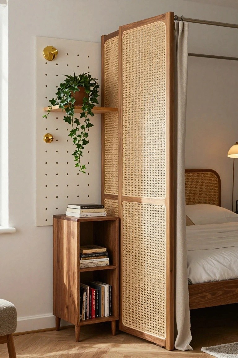 Wooden folding room divider with cane panels and a gray curtain on a rod stands between a wooden bed with rattan headboard and a tall wooden bookshelf filled with books, beside a white pegboard wall with plants and gold wall lights in a light wood floor room.