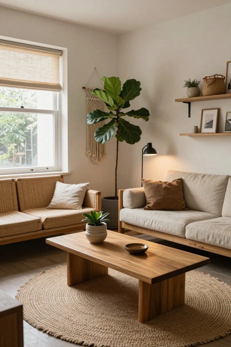 Light-colored living room with a rattan sofa on one side and a beige linen sofa on the other facing a rectangular wooden coffee table on a round jute rug, large potted fiddle leaf fig plant in the corner, wall shelves with plants and a floor lamp.