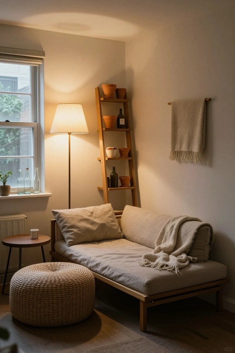 A warmly lit corner room with a low wooden daybed covered in beige cushions and a knit throw, a round woven pouf stool, wooden side table with a cup, ladder shelf holding terracotta pots and glass bottles, floor lamp, and window with plants and bottles on the sill.