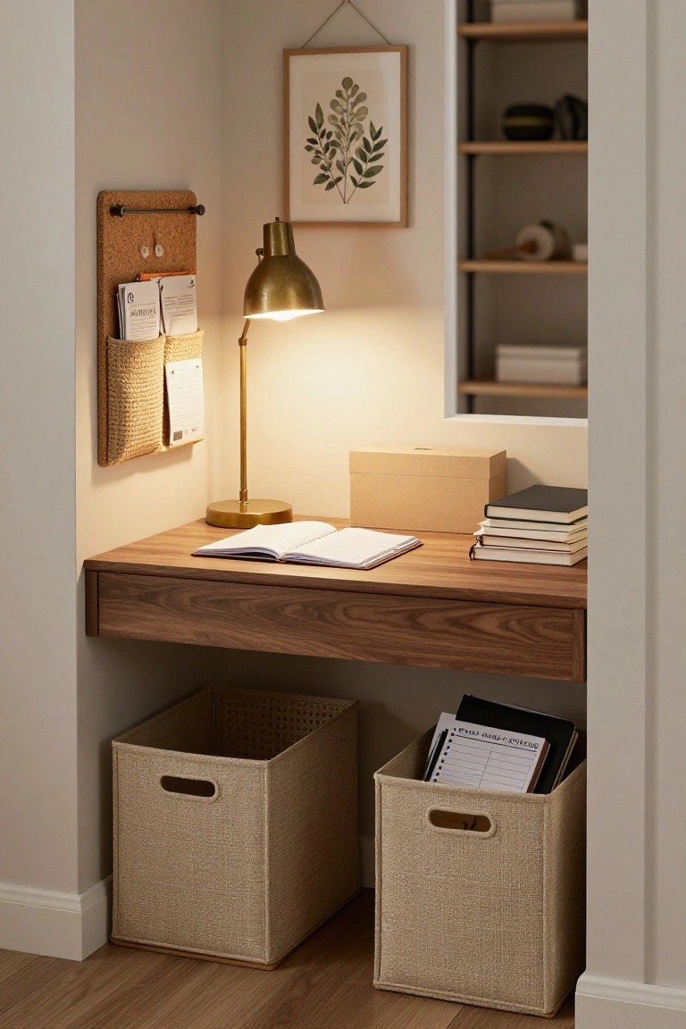 A floating wooden desk in a beige corner nook with two beige woven baskets underneath, brass lamp, open notebook, stacked books, corkboard organizer on the wall, and open shelving nearby.