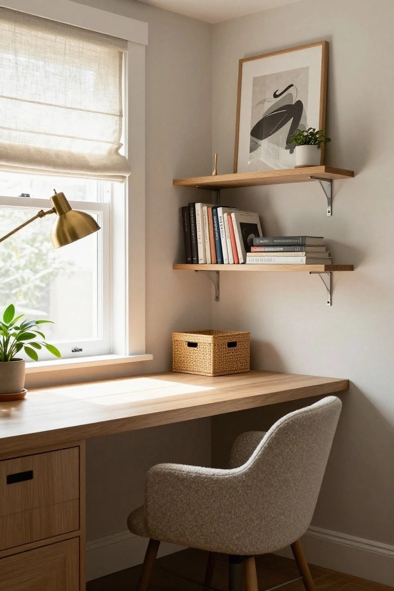 Light gray room corner with a light oak desk, cream fabric chair, floating oak shelves holding books and plants, gold desk lamp, window with linen shade, and potted plant on the sill.