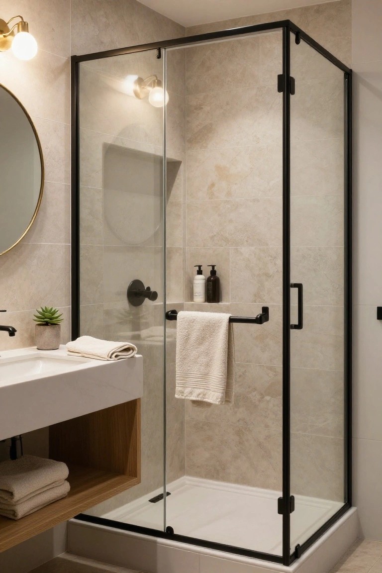 A compact modern bathroom with a black metal-framed glass corner shower enclosure, white floating vanity with open wood shelf below, round gold mirror, potted succulent, folded towels, and beige stone tile walls.