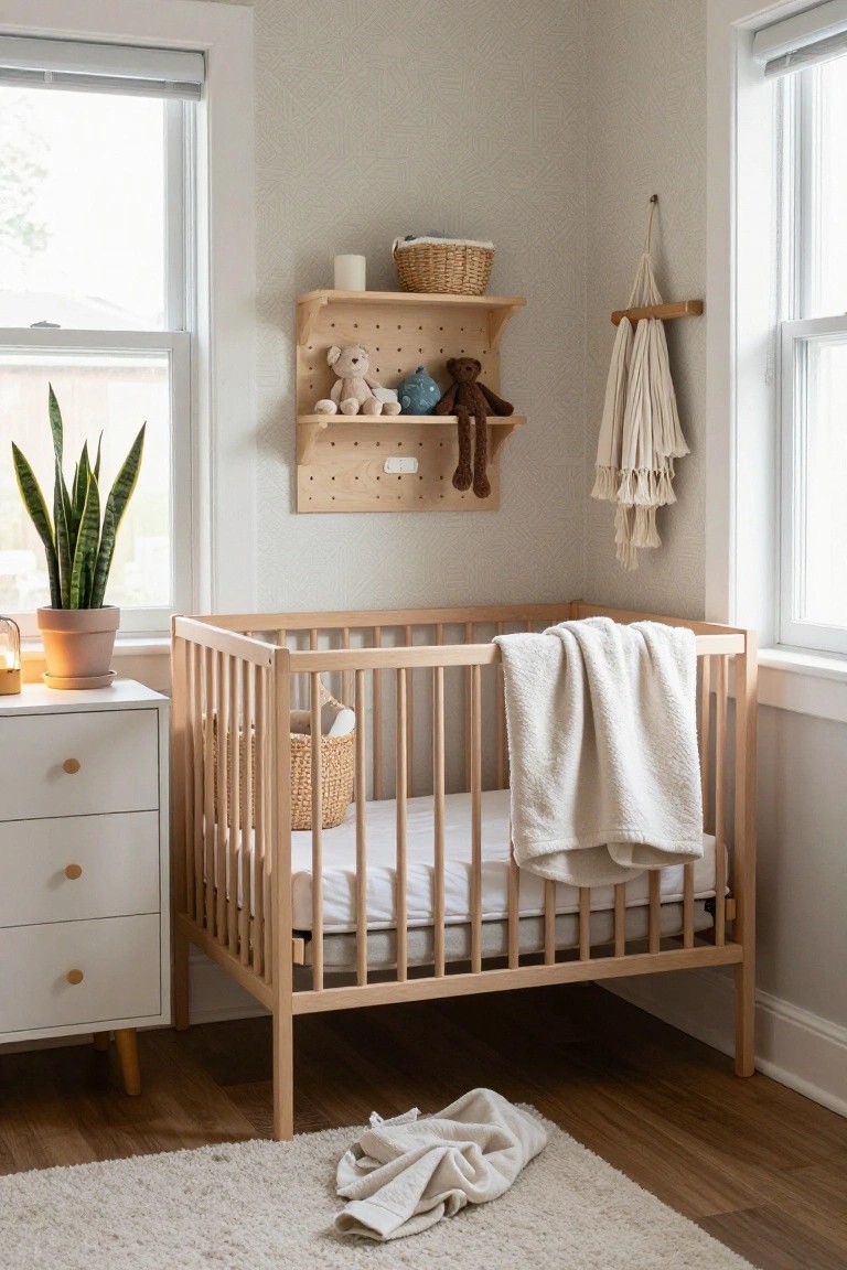 A light-filled nursery corner with a wooden crib draped in white blankets, a white dresser beside it, wood wall shelves holding toys and baskets, a potted snake plant, and neutral rug on hardwood floor.