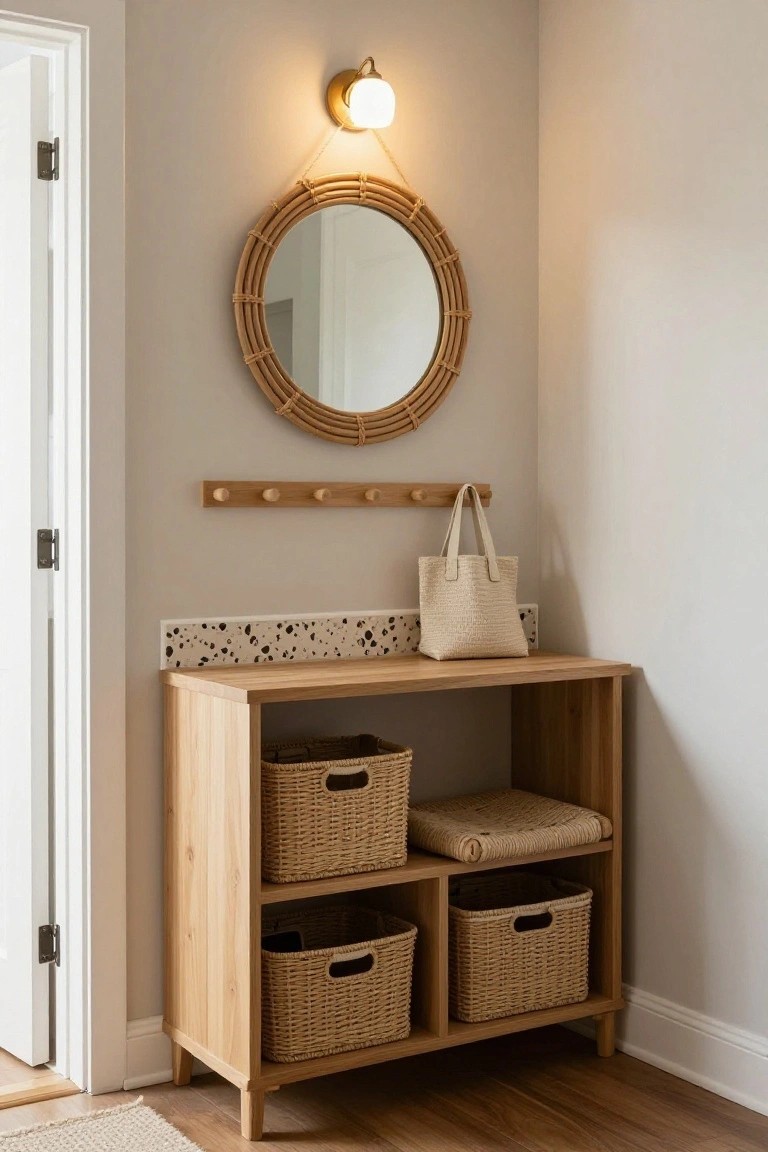 Corner entryway with slim wooden console table holding woven baskets on shelves, round rattan mirror above, wooden peg rail with cream handbag, against beige walls near open door and wood floor.