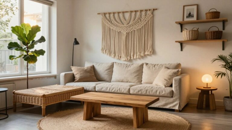21 Smart Modern Boho Apartment Ideas That Maximize Small Spaces Beautifully Light-colored living room with a rattan sofa on one side and a beige linen sofa on the other facing a rectangular wooden coffee table on a round jute rug, large potted fiddle leaf fig plant in the corner, wall shelves with plants and a floor lamp.
