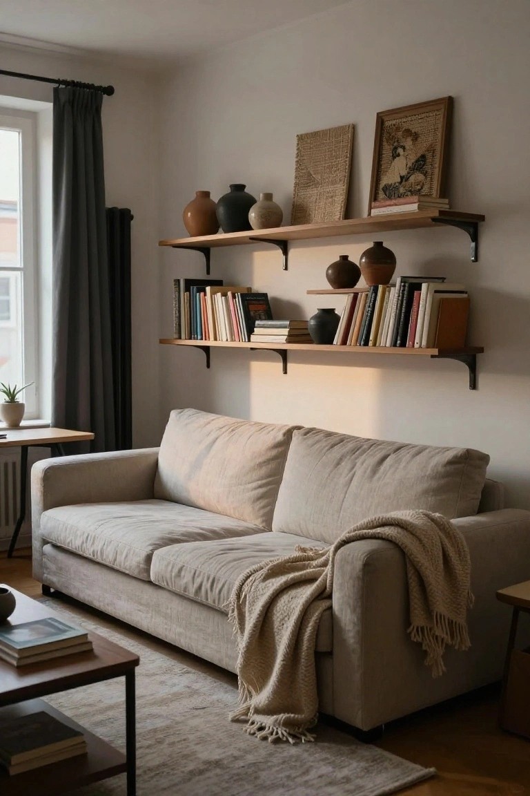 A light-filled living room featuring a beige linen sofa with a throw blanket, wooden floating shelves above it holding books, ceramic vases, and framed artwork, a low coffee table in front, and a potted plant on a side table.