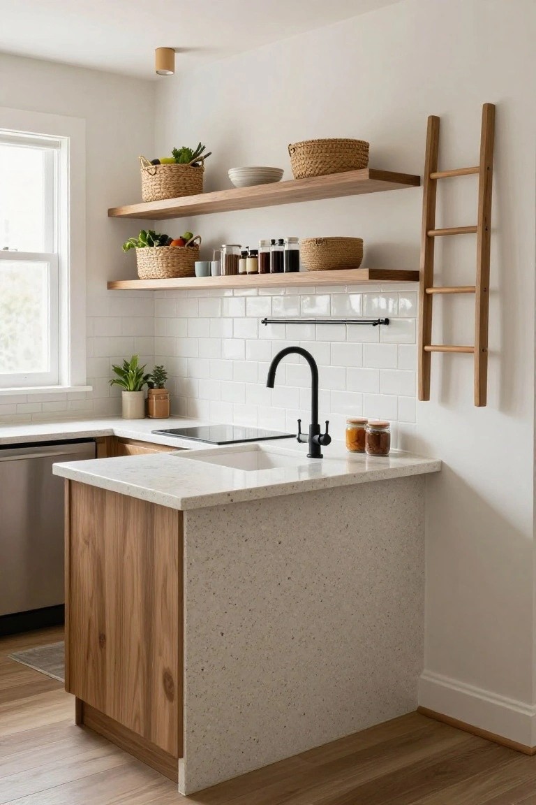 Compact kitchen corner with white subway tile backsplash, black matte faucet over white sink, oak ladder shelves holding woven baskets of vegetables and dishes, wooden lower cabinets, and light wood floors.