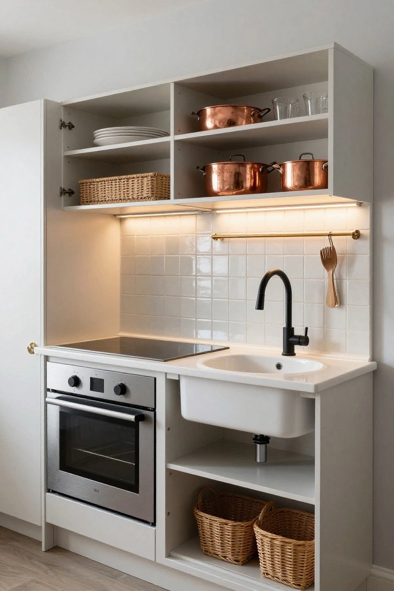 Compact kitchen with light gray cabinets and open shelves displaying copper pots, white plates, glassware, and wicker baskets, white subway tile backsplash, black faucet over white sink integrated with induction cooktop and oven below.