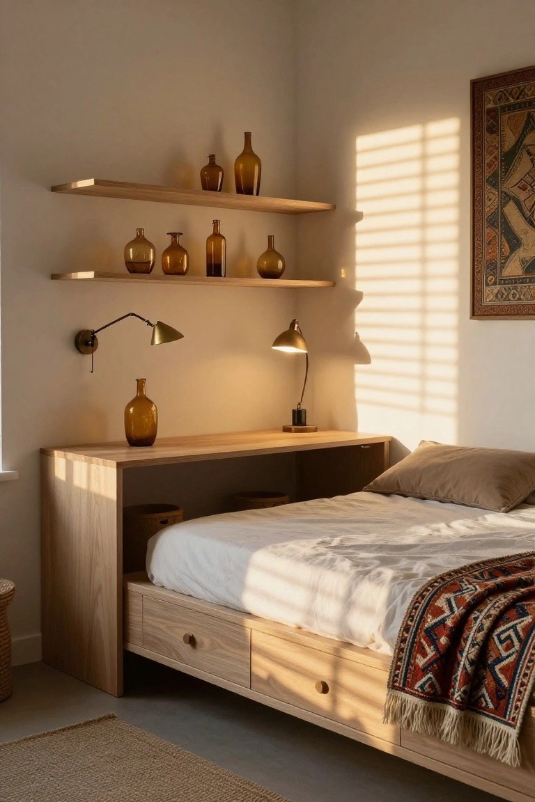 Wooden platform bed integrated with a desk on one side, featuring drawers below, amber glass vases on oak wall shelves, brass wall lamps, a woven throw on the bed, and a seagrass rug on the floor in a sunlit room.