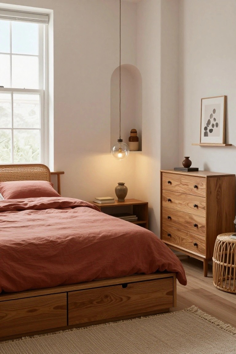 A bedroom with a low wooden platform bed featuring under-bed drawers and rattan headboard, coral-toned linen bedding, wooden nightstand and tall dresser, rattan stool, arched niche shelf, and window with natural light.