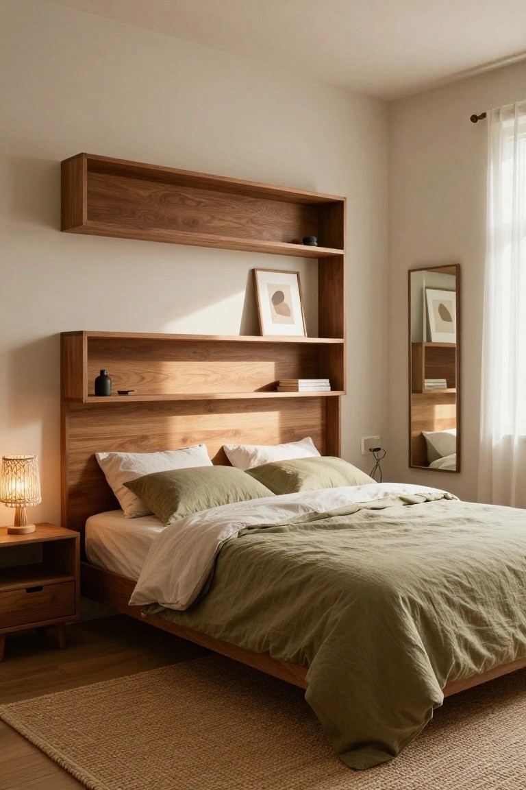 A bedroom corner with low wooden platform bed under integrated walnut shelving forming the headboard and wall units, green linen bedding, wooden nightstand with rattan lamp, slim wooden-framed mirror, and sheer window curtain.