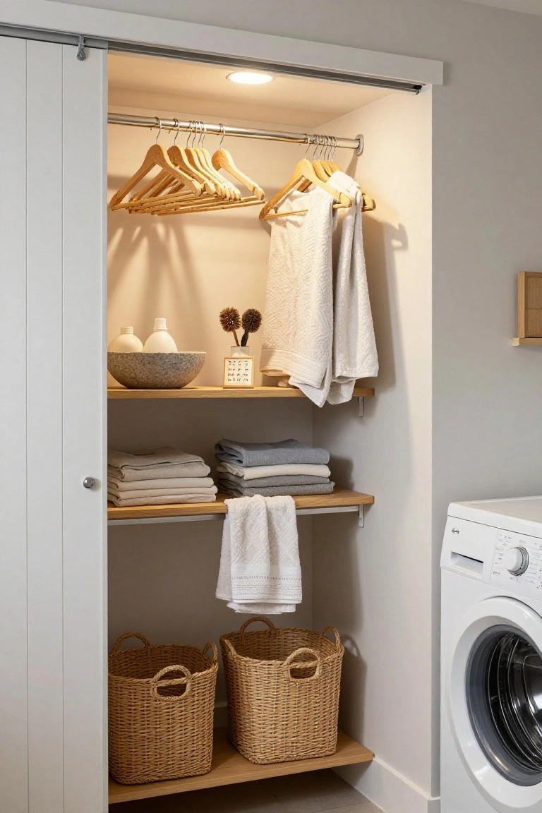 White sliding-door closet with wooden hanging rod holding wooden hangers and towels, open shelves stocked with folded linens and baskets, small decorative items, and a white front-loading washing machine visible to the right.