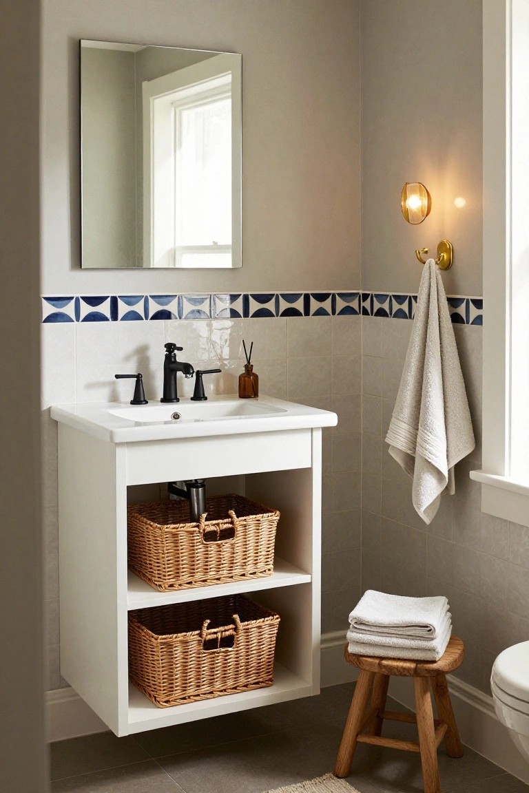A small bathroom with white floating vanity featuring open shelves holding stacked wicker baskets, black faucet on white sink, blue geometric tiled backsplash, hanging towel, wood stool with folded towels, and white toilet.