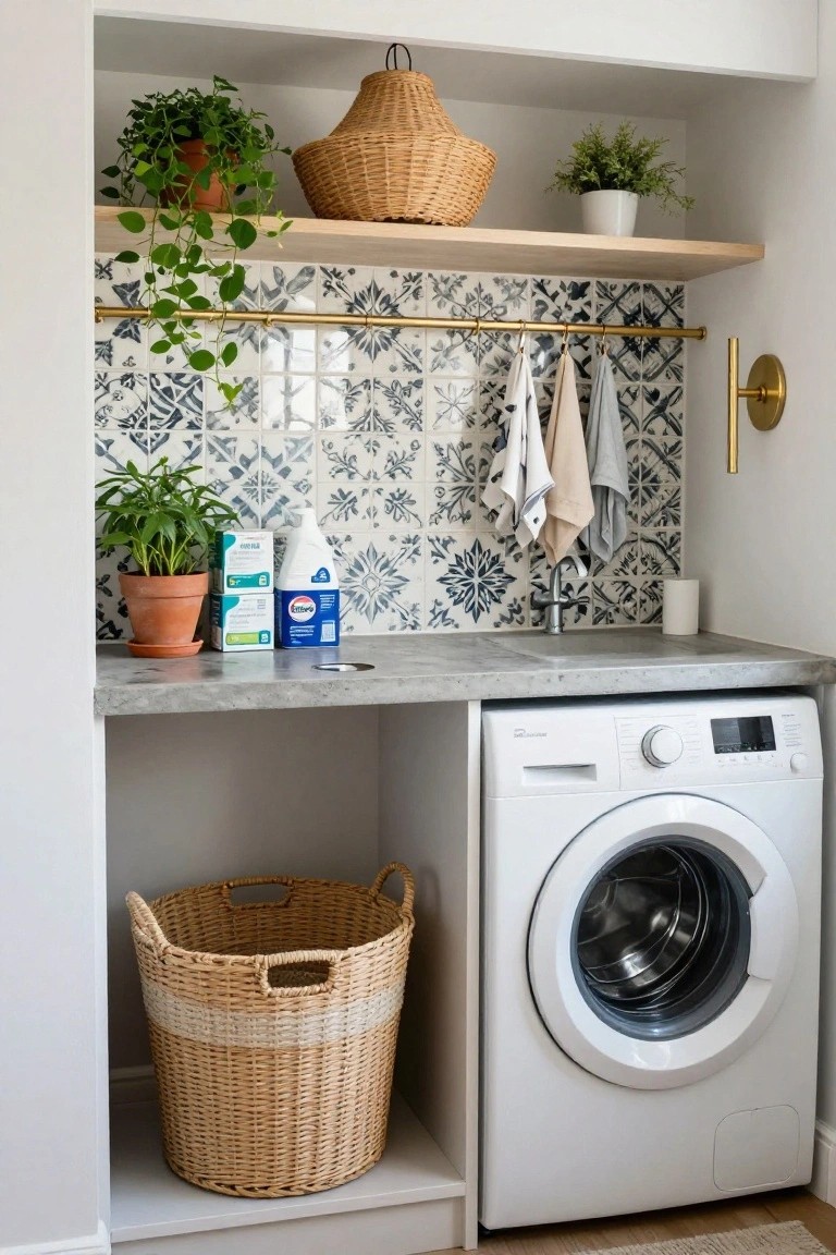 Compact indoor laundry nook with white front-load washer, concrete countertop, blue patterned tile backsplash, potted plants, detergent bottles, woven baskets, hanging towels on gold bar, and wood shelves above.