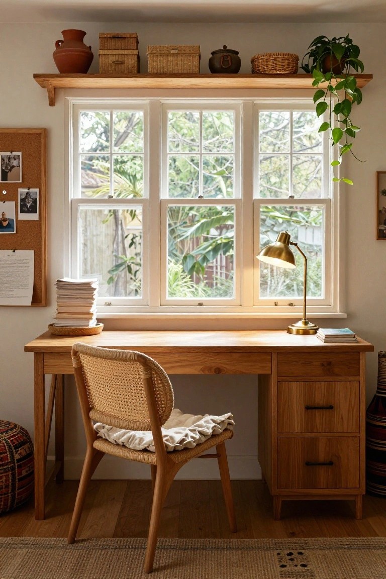 Wooden desk with rattan chair positioned against large triple windows overlooking greenery, brass lamp and books on desk, shelves above holding pottery baskets and trailing plant.