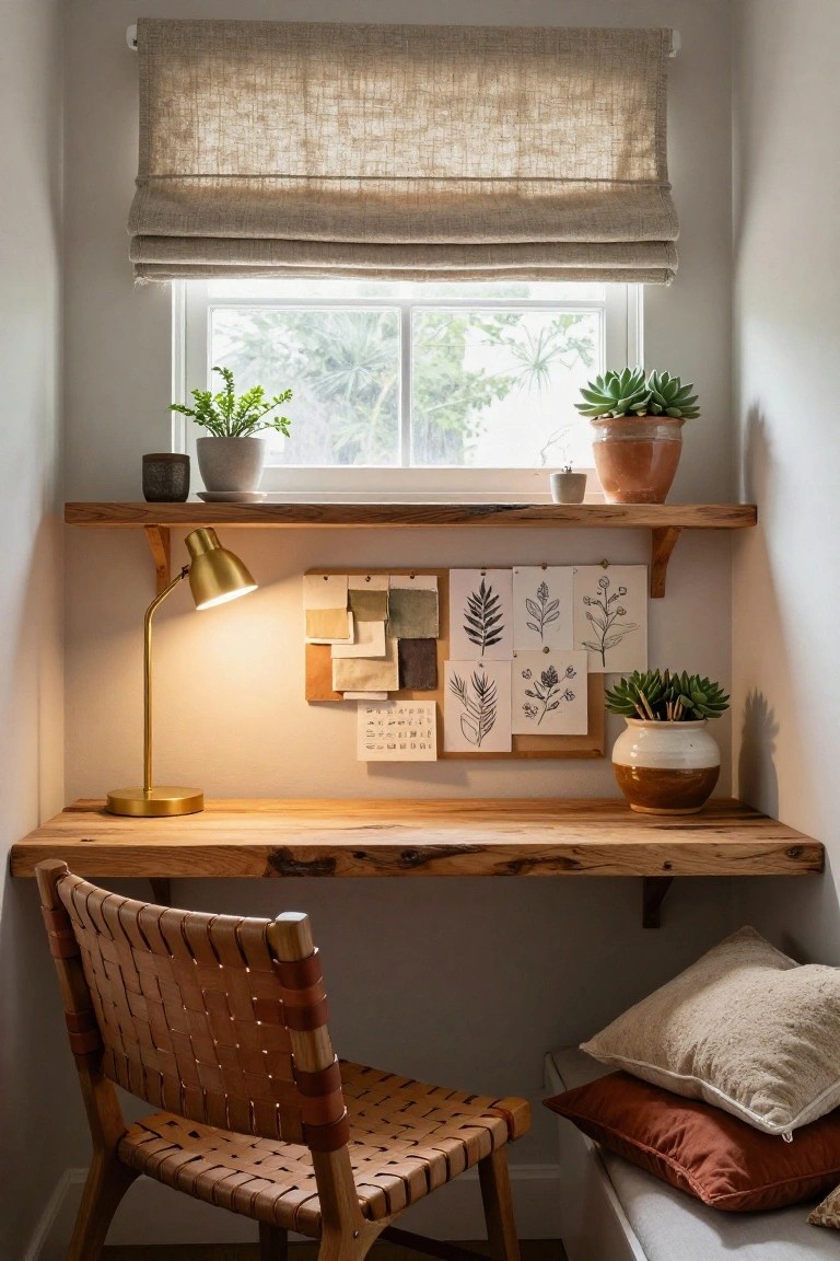 Small indoor corner workspace with floating wooden desk and shelves holding plants and a mood board, gold desk lamp, woven chair, and window with linen roman shade.